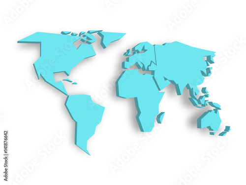 Blue 3D map of world with dropped shadow on background. Worldwide theme wallpaper. Rendered three-dimensional EPS10 vector illustration.