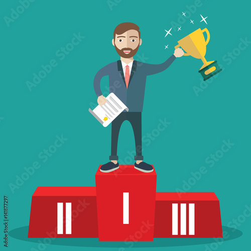 Businessman winner standing in first place on a podium holding up an award certificate and trophy as he celebrates his victory vector illustration