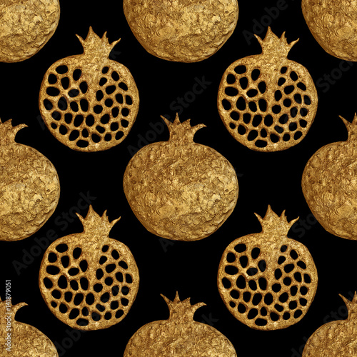 Gold abstract pomegranate pattern. Hand paintied seamless background. Summer fruit illustration.