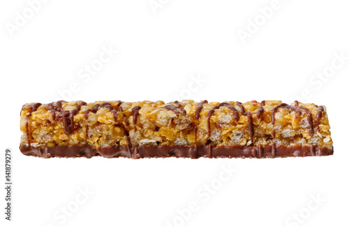 A bar of muesli with chocolate and fruits isolated on white background. Front view