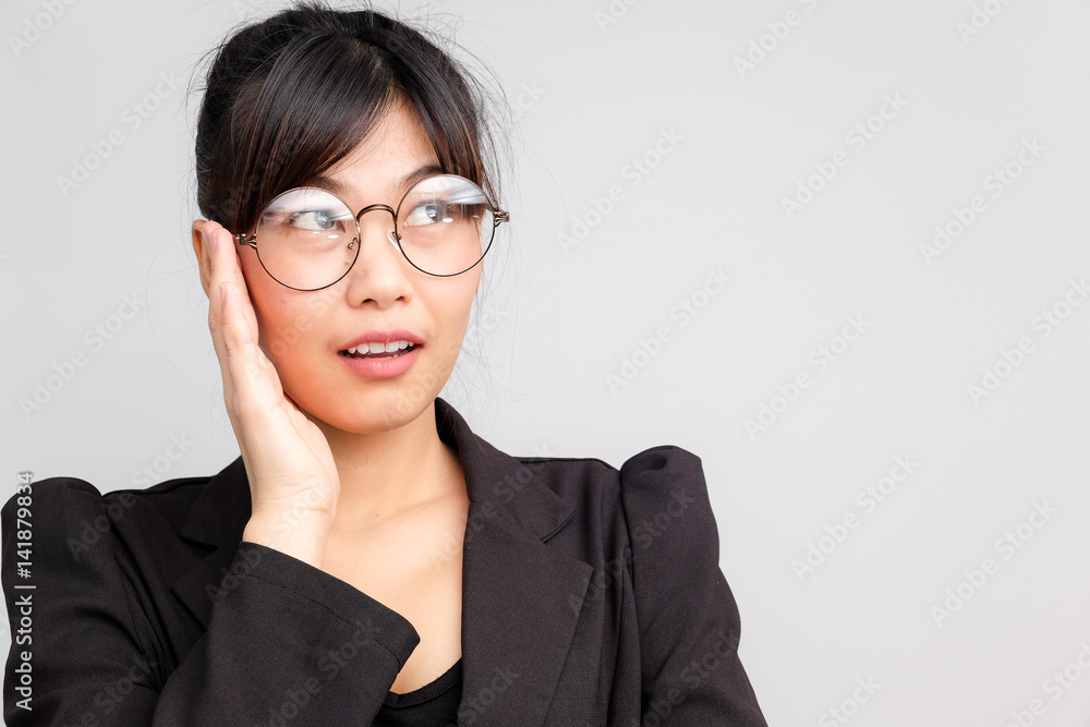 Thoughful business asian glasses women looking up