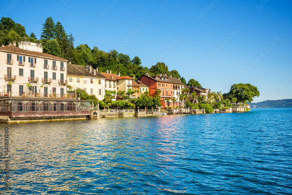 View of Motta square in Orta San Giulio from a Taxi boat, Lake Orta, Piedmont, Italy
