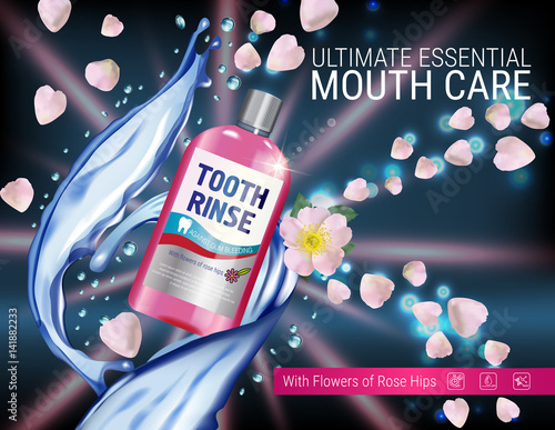 Mouth rinse ads. Vector 3d Illustration with Mouth rinse in bottle and rosehip flower.