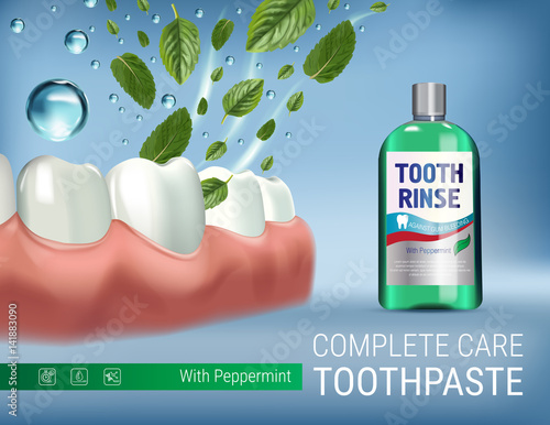 Mouth rinse ads. Vector 3d Illustration with Mouth rinse in bottle and mints leaves