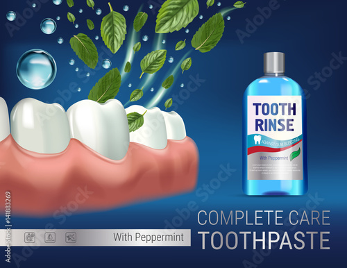 Mouth rinse ads. Vector 3d Illustration with Mouth rinse in bottle and mints leaves