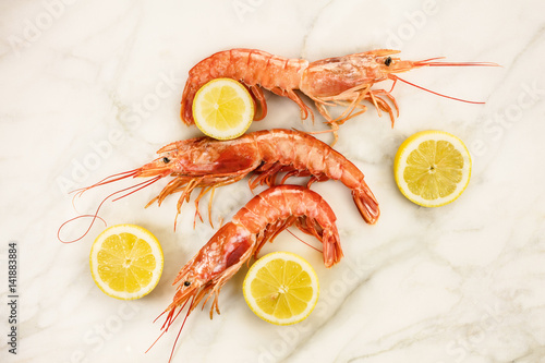 Raw shrimps with slices of lemon and copyspace