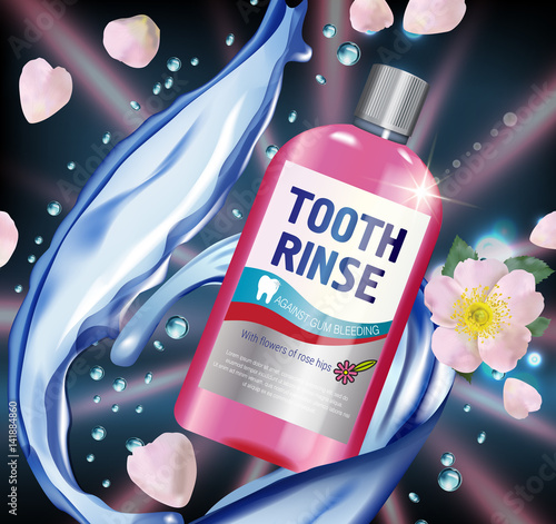 Mouth rinse ads. Vector 3d Illustration with Mouth rinse in bottle and rosehip flower.
