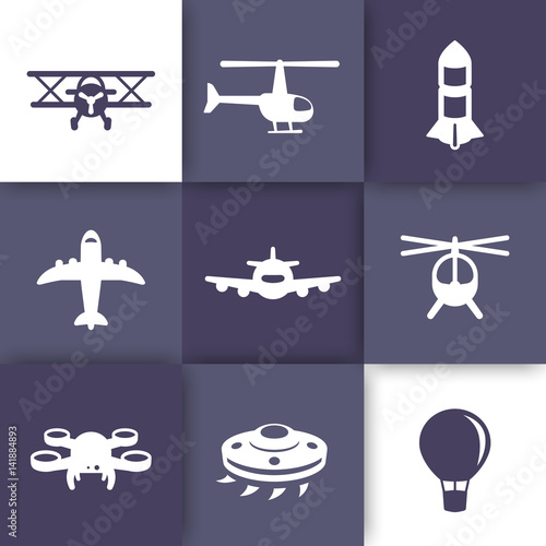 Aircrafts icons set, aviation, airplane, helicopter, drone, biplane, alien spaceship, top view of plane