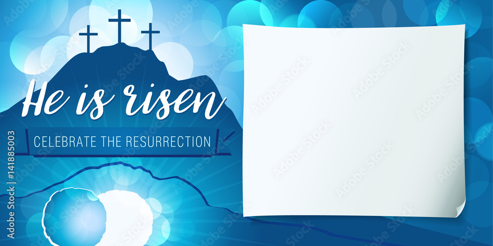 Hi is risen holy week poster. Easter christian motive, vector invitation to  an Easter Sunday service