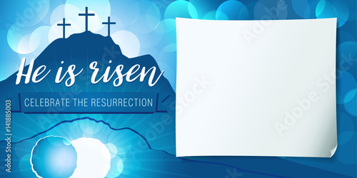 Hi is risen holy week poster. Easter christian motive, vector invitation to an Easter Sunday service with text He is risen on a background of rolled away from the tomb stone of Calvary