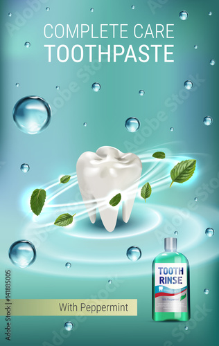 Mouth rinse ads. Vector 3d Illustration with Mouth rinse in bottle and mints leaves.