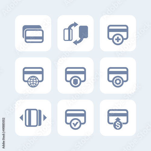 credit cards icons set for mobile banking app interface, secure payment, add new card, processing, add funds pictograms on white