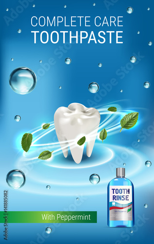 Mouth rinse ads. Vector 3d Illustration with Mouth rinse in bottle and mints leaves.
