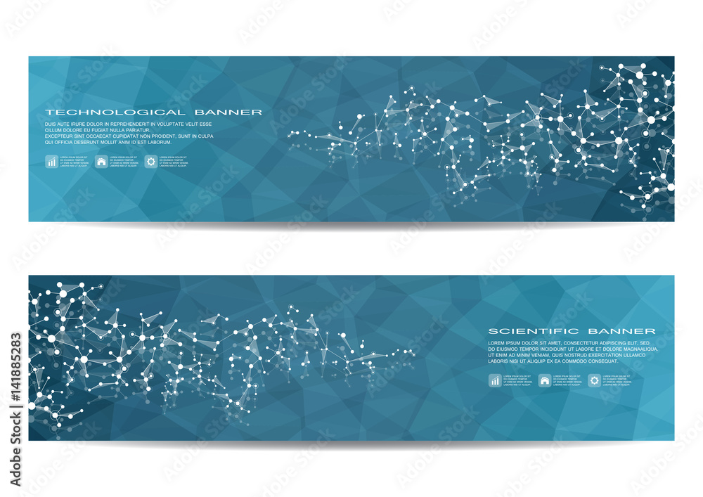 Two scientific banner. Molecular structure of DNA and neurons. Geometric abstract background. Medicine, science, technology, business and website templates. Vector illustration