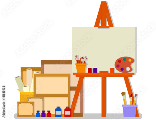 workshop room with easel and tools for art design painting