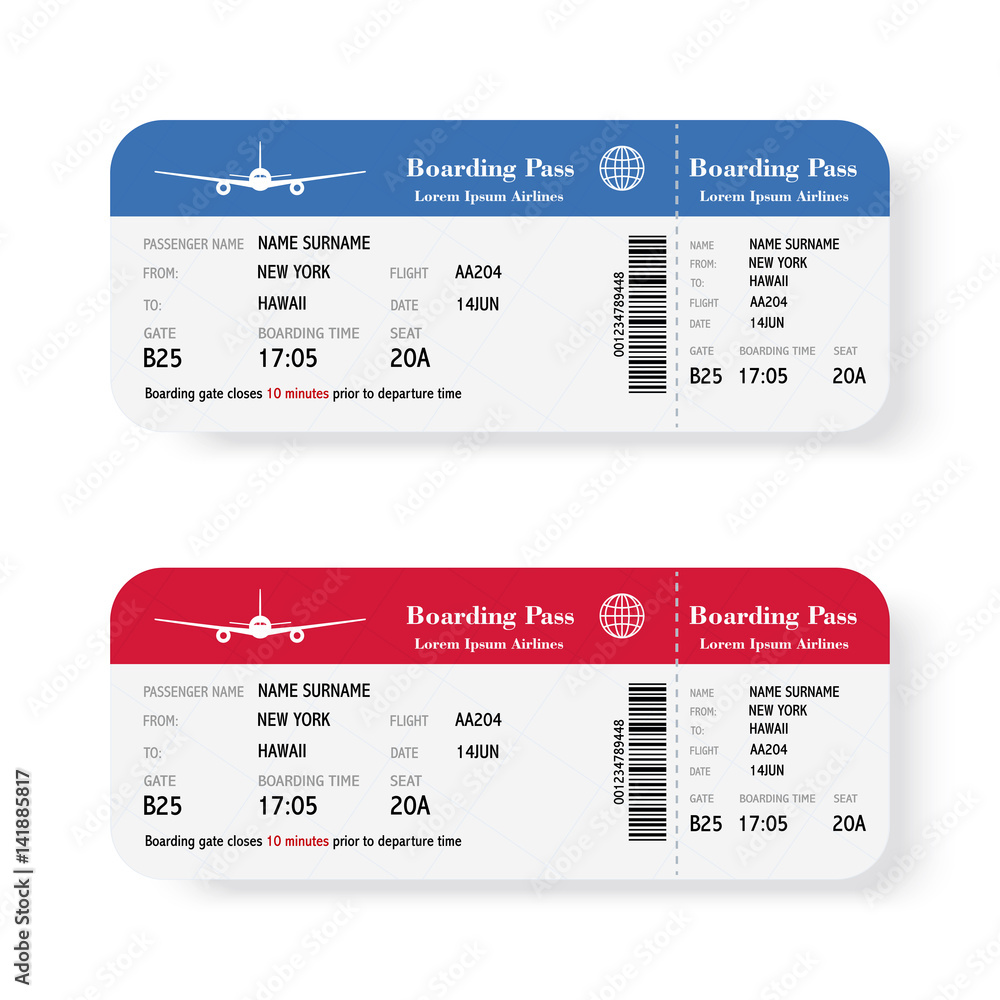 Set of the airline boarding pass tickets with shadow. Isolated on white background. Vector illustration. - obrazy, fototapety, plakaty 