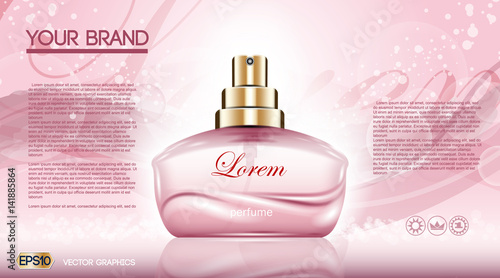 Perfume bottle Cosmetic ads template, droplet bottle mock up isolated on dazzling roses background. Place for brand text. Glamorous fragrance sparkling effects. Vector illustration