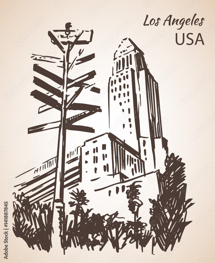 Fototapeta premium Los Angeles City Hall cityscape sketch.