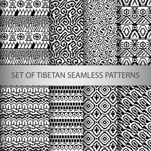 Collection of vector pixel seamless patterns with Tibet ethnic ornament
