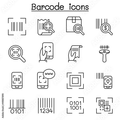 QR Code , Scanner, Package Code & Barcode Reader icon set in thin line style