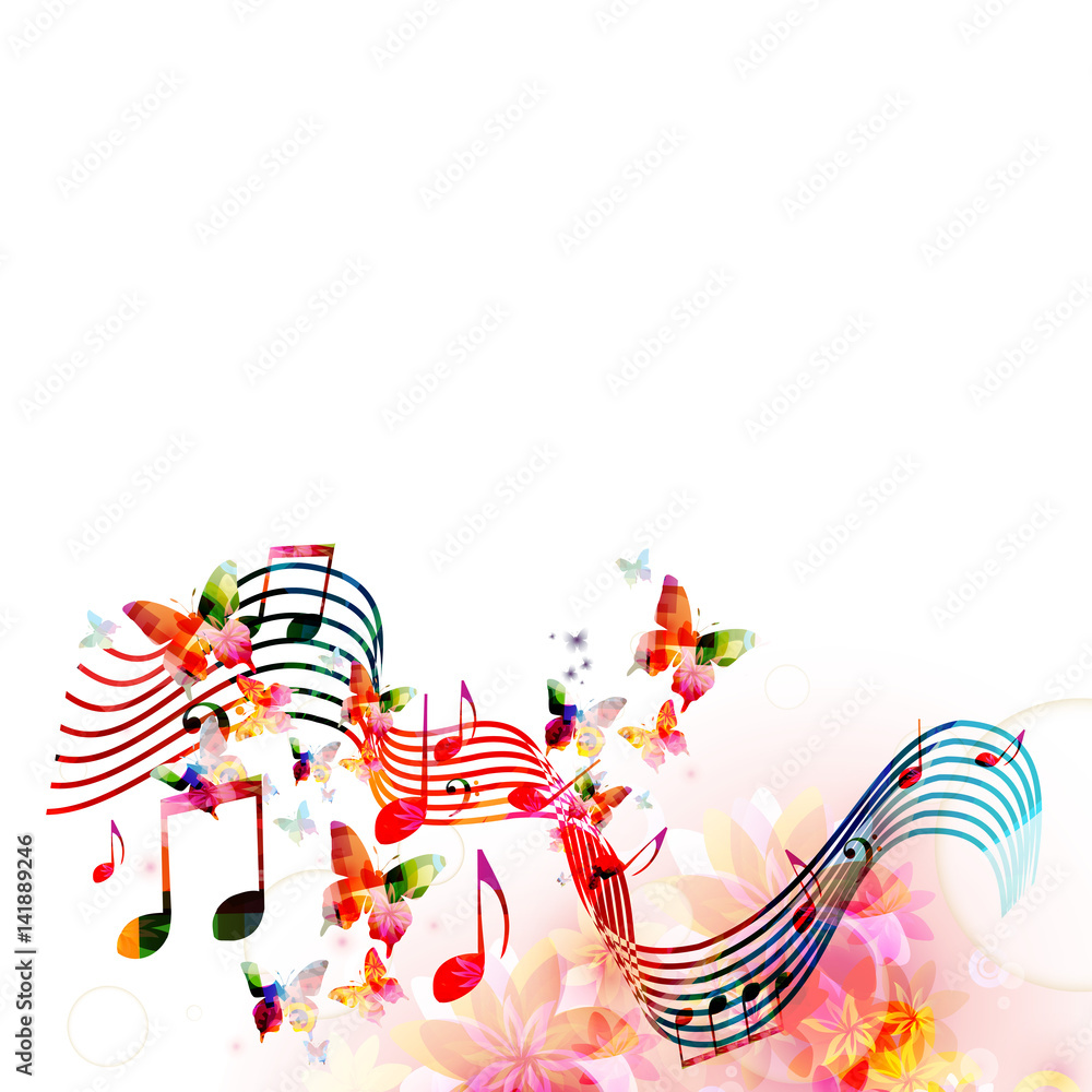 Colorful stave with music notes and butterflies isolated vector illustration. Music background for poster, brochure, banner, flyer, concert, music festival
