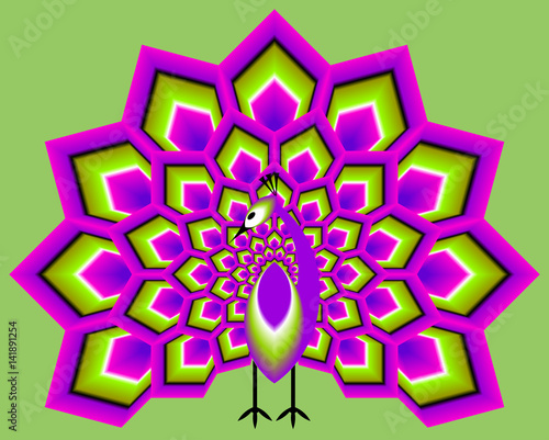 Green and purple peacock in techno style. Optical expansion illusion.