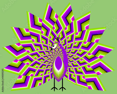 Peacock with green and purple tail in techno style. Spin illusion.