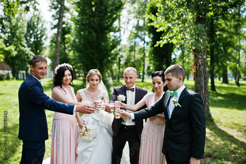 Wedding couple cheering champagne glasses with bridesmaids and best man at park.