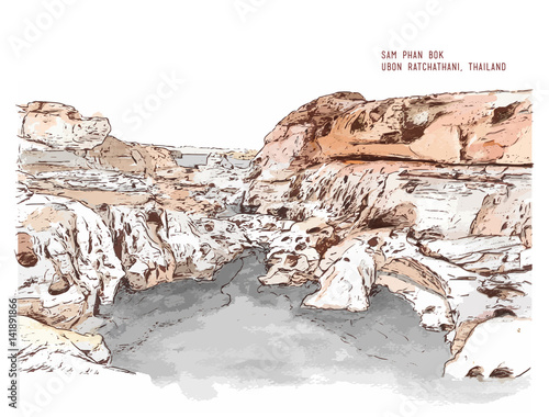 sam phan bok, hand drawn sketching water color line art illustration.