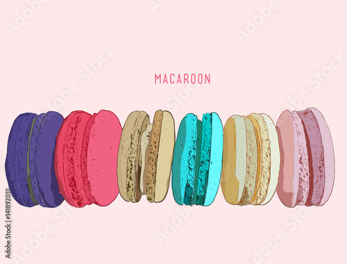 Stack of different french cookies macaroons or macarons with drop shadow isolated .