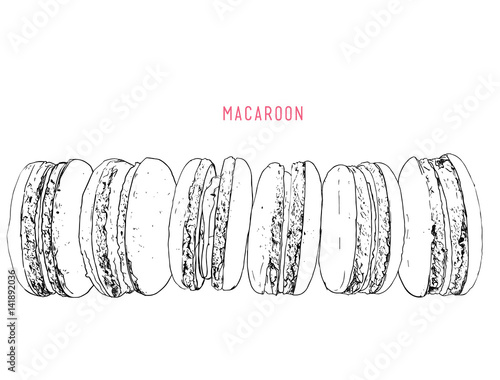 Stack of different french cookies macaroons or macarons with drop shadow isolated .