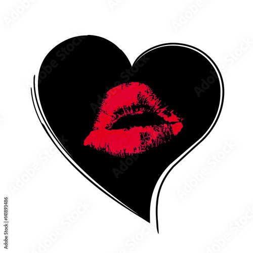 Black heart with red lipstick print on the white background