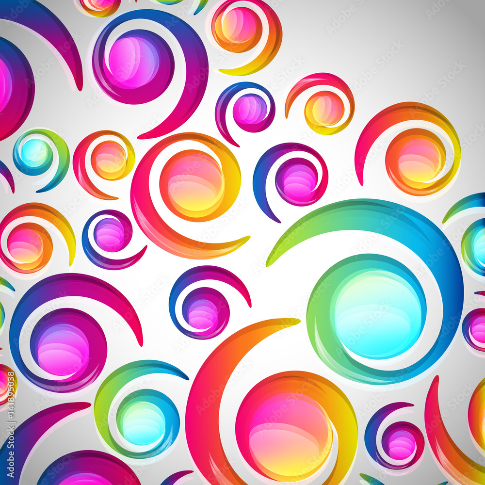 Abstract colorful spiral arc-drop pattern on a light background. Transparent colorful elements and circles design card. Abstract colorful spiral arc-drop pattern on a light background. Transparent colorful elements and circles design card.