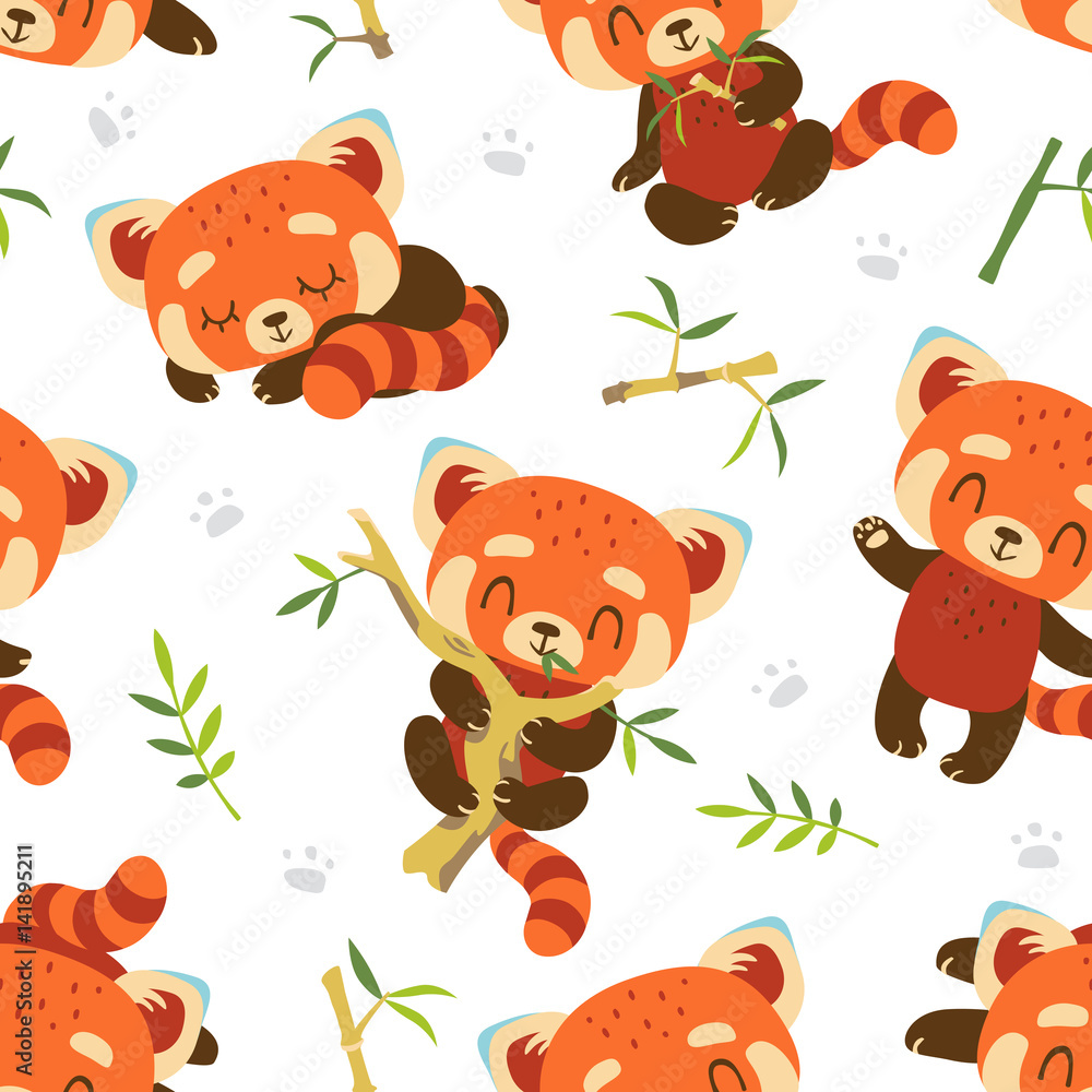 Obraz premium vector cartoon red panda seamless pattern