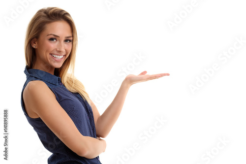 Portrait of happy woman isolated over white background