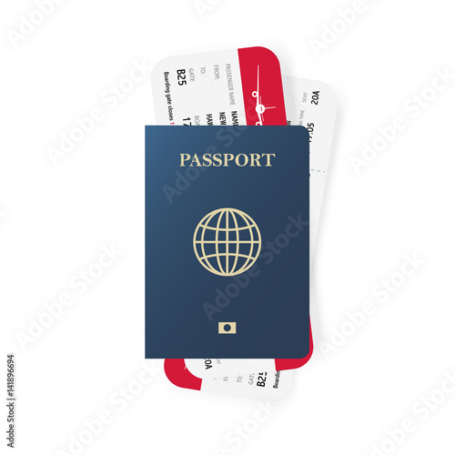 Blue passport and boarding pass tickets. Realistic design. Vector illustration.