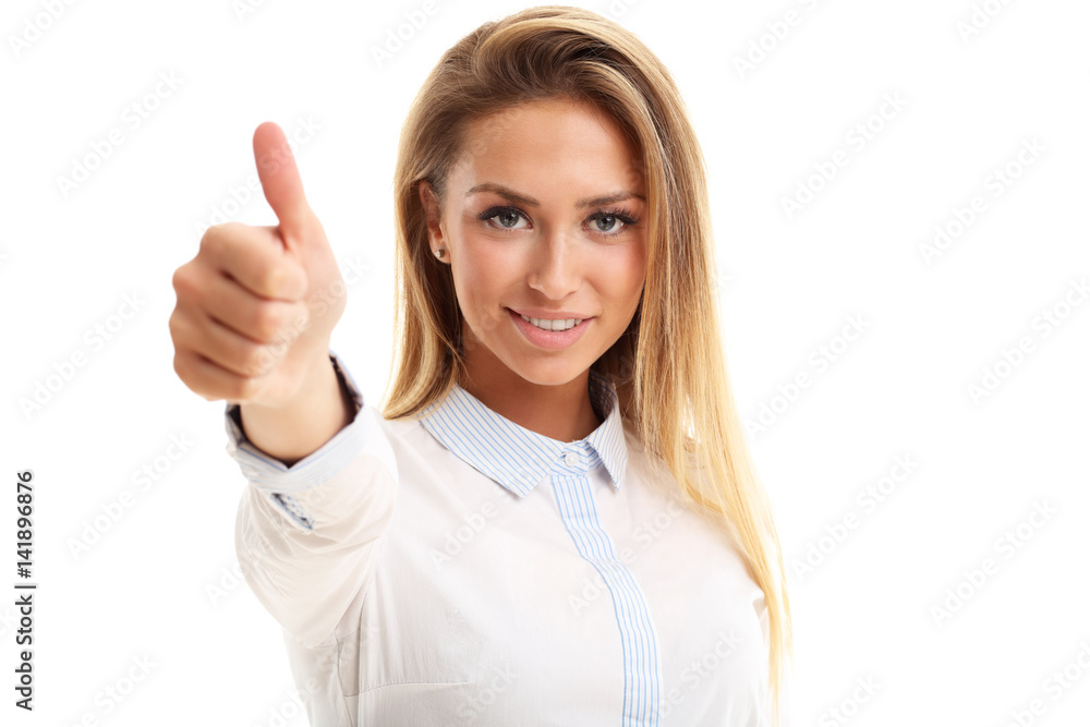 Happy woman showing ok sign over white background Happy woman showing ok sign over white background
