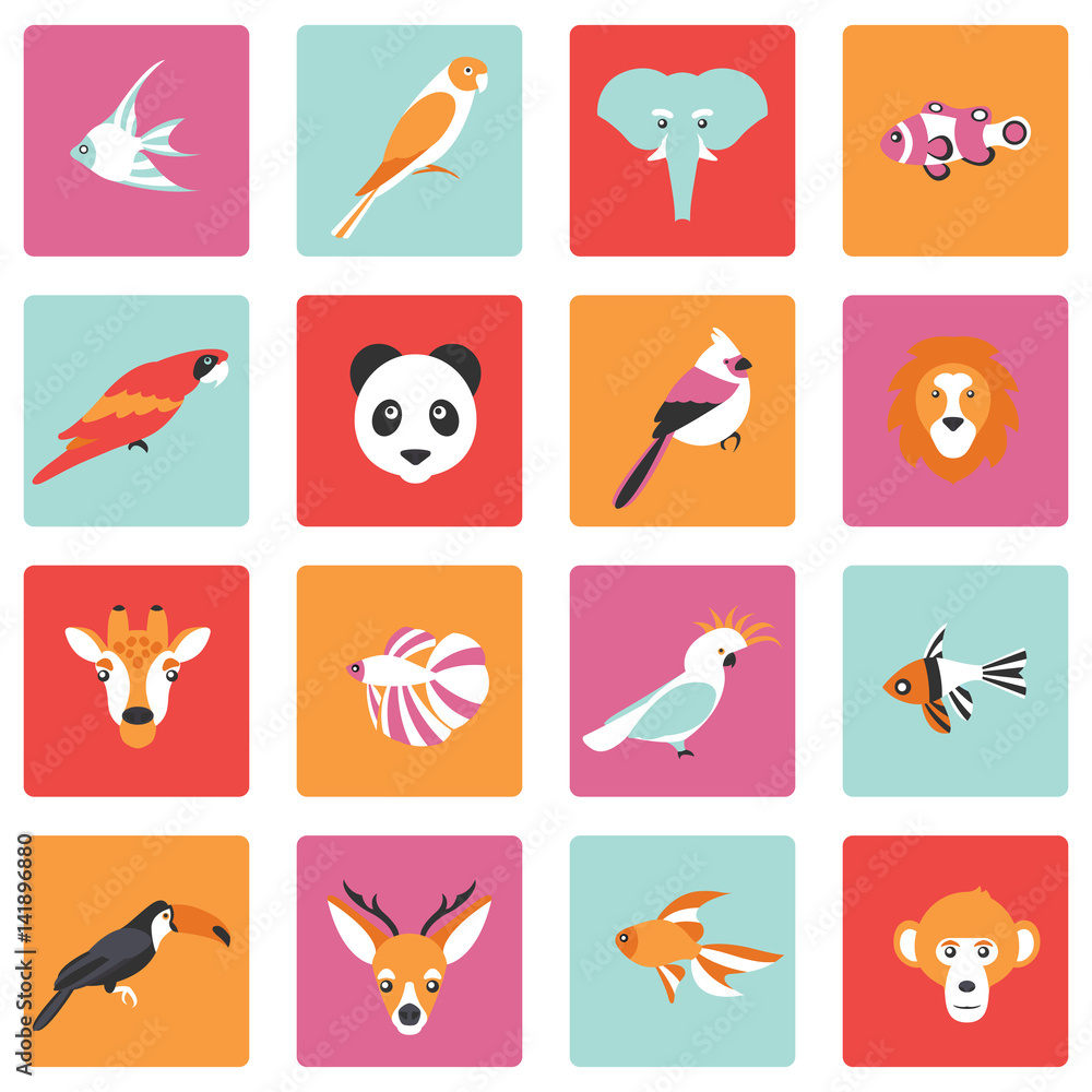 Vector illustration of tropical birds animals and fishes icon