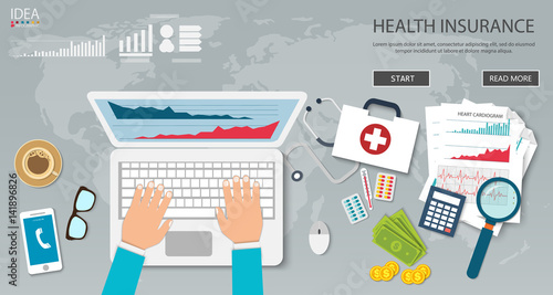 Man at the table fills in the form of health insurance. Healthcare concept. Vector illustration flat design style. Medical equipment, money, prescription medications