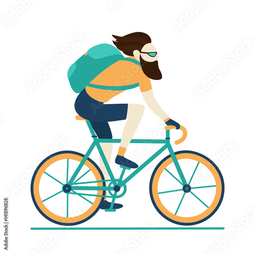Fototapeta Naklejka Na Ścianę i Meble -  Bicycle delivery logistics courier. Bike messenger bearded male character hipster style. Blue yellow colors. Isolated on white background. Vector design illustration.