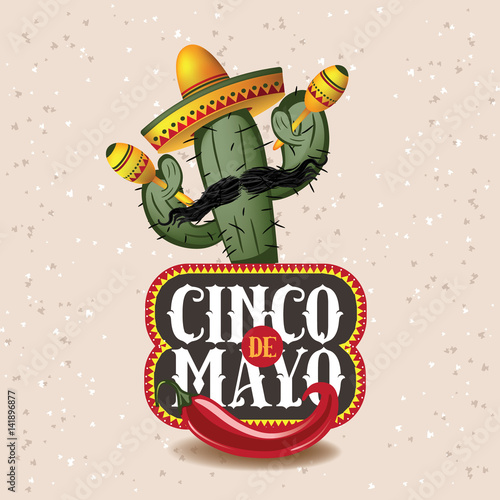 Cinco De Mayo sombrero, chili pepper, cactus and maracas festive design. For celebration of the Mexican holiday on May 5. EPS 10 vector.