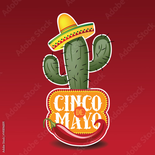 Cinco De Mayo sombrero, chili pepper, cactus and maracas festive design. For celebration of the Mexican holiday on May 5. EPS 10 vector.