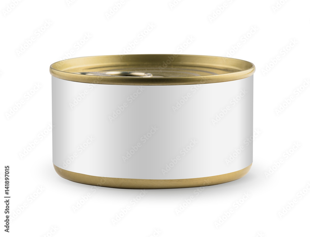 White blank tincan gold metal Tin Can, canned Food. Isolated on white background. Ready for your design. Real product packing. White blank tincan gold metal Tin Can, canned Food. Isolated on white background. Ready for your design. Real product packing.