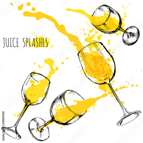 Juice orange and apple splashes in wine glasses, watercolor, sketch vector illustration