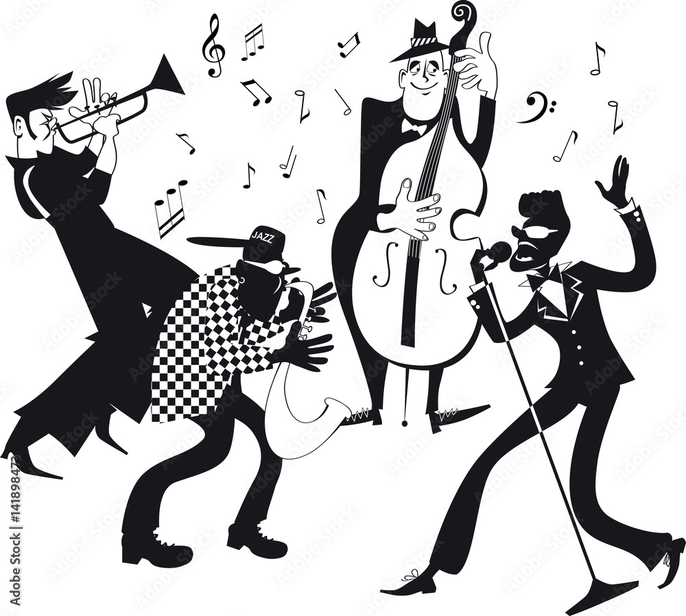 Obraz Black vector silhouette of a jazz band performing, no white objects, EPS 8