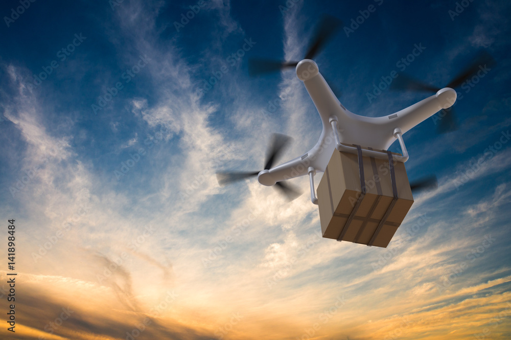 3D rendered illustration of drone flying in the sky and delivering a package. - obrazy, fototapety, plakaty 