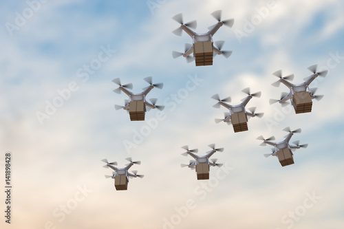 3D rendered illustration of many drones flying in the sky and delivering packages.