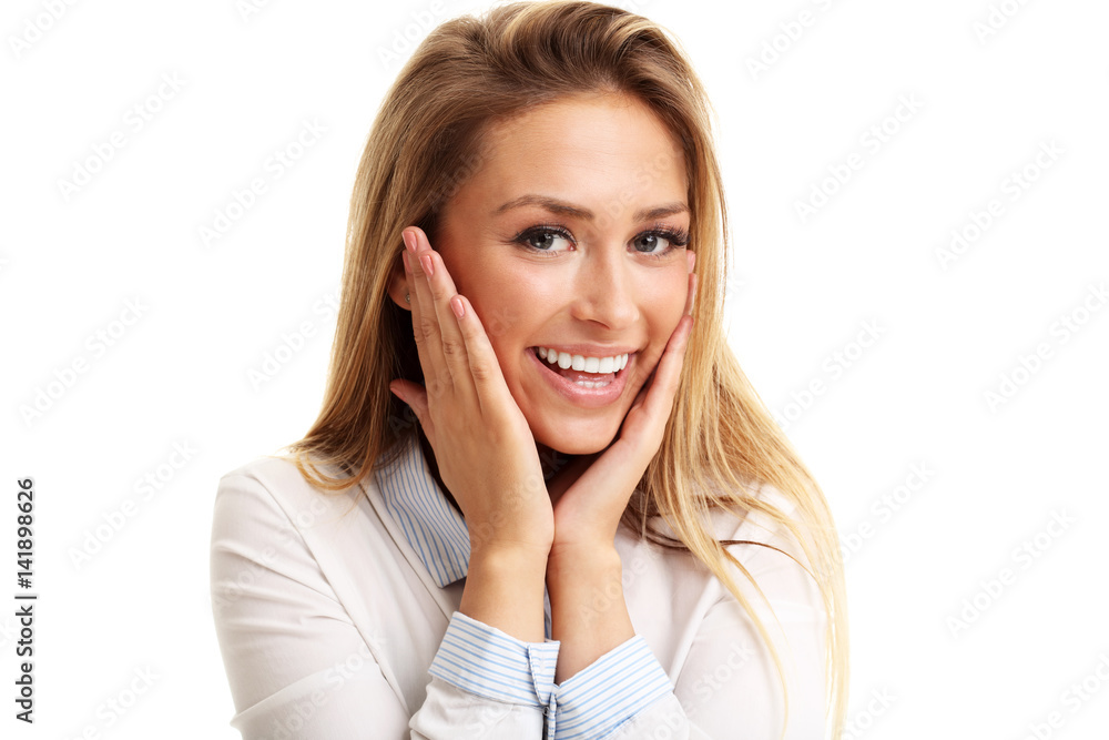 Portrait of happy woman isolated over white background Portrait of happy woman isolated over white background