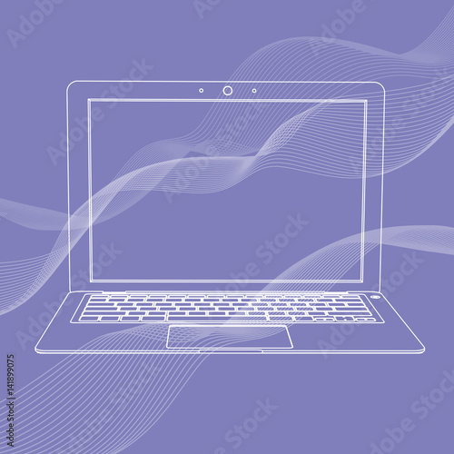 Computer portatile - laptop, illustrazione vettoriale, linee bianche sullo sfondo viola con le onde