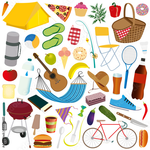 Set of picnic items isolated on white background